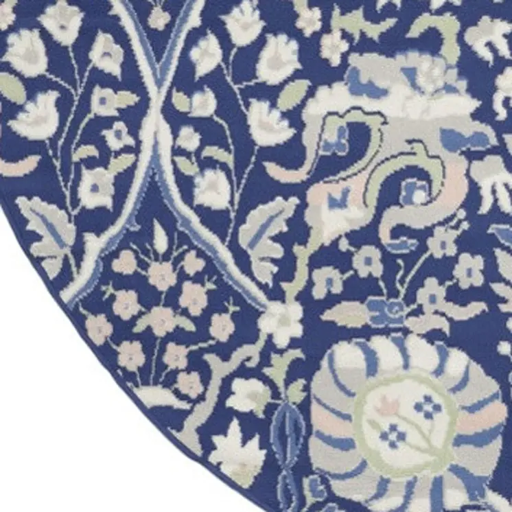8' Navy Blue Ivory and Beige Floral Round Rug