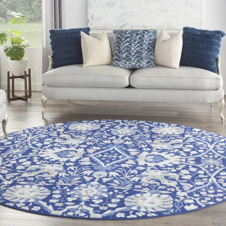 8' Navy Blue Ivory and Beige Floral Round Rug
