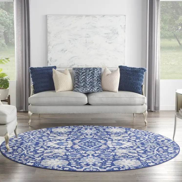 8' Navy Blue Ivory and Beige Floral Round Rug