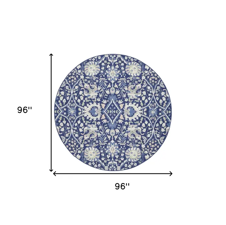 8' Navy Blue Ivory and Beige Floral Round Rug
