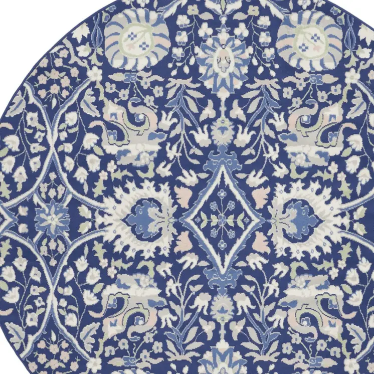 8' Navy Blue Ivory and Beige Floral Round Rug