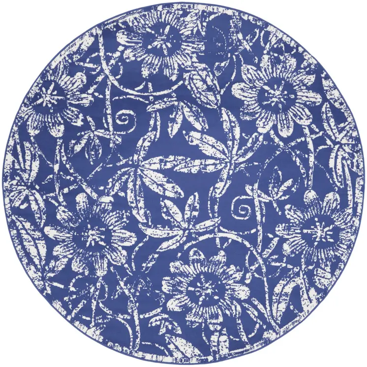 8' Ivory and Navy Blue Floral Distressed Round Rug