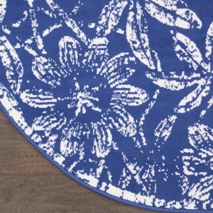 8' Ivory and Navy Blue Floral Distressed Round Rug