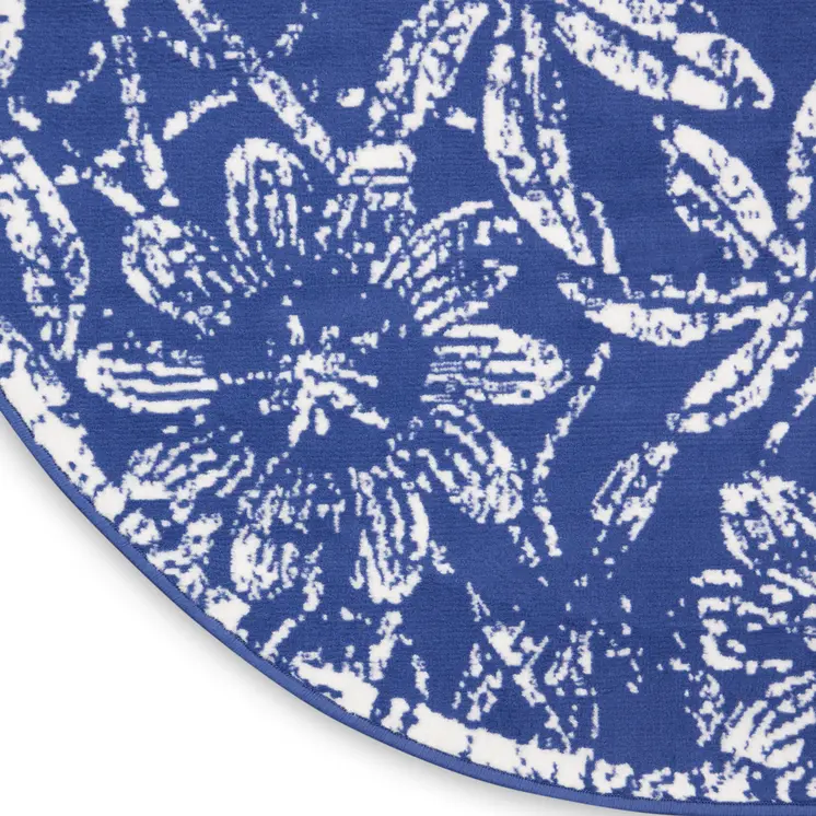 8' Ivory and Navy Blue Floral Distressed Round Rug