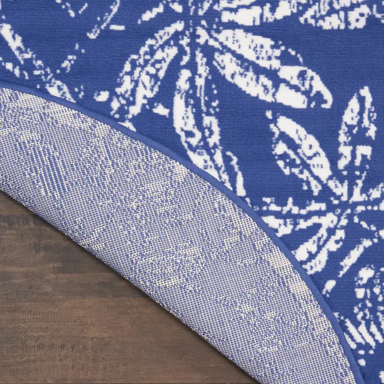 8' Ivory and Navy Blue Floral Distressed Round Rug