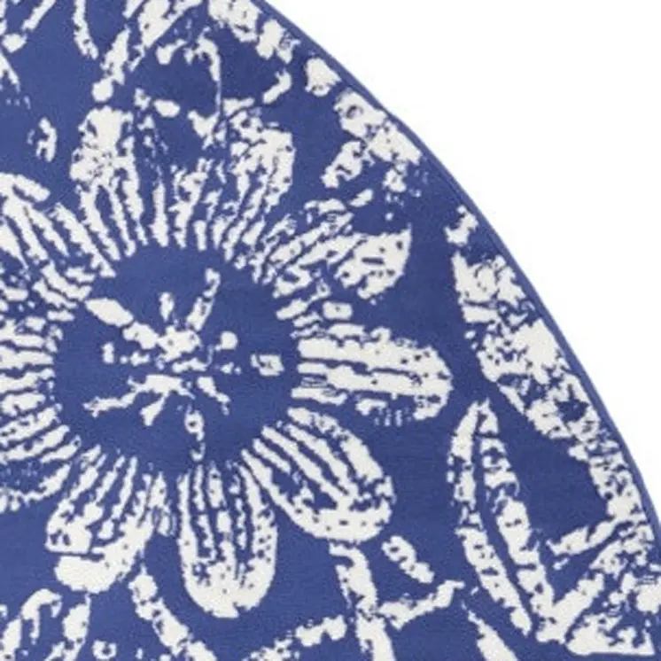 8' Ivory and Navy Blue Floral Distressed Round Rug