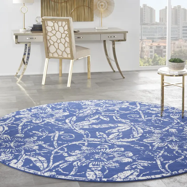 8' Ivory and Navy Blue Floral Distressed Round Rug