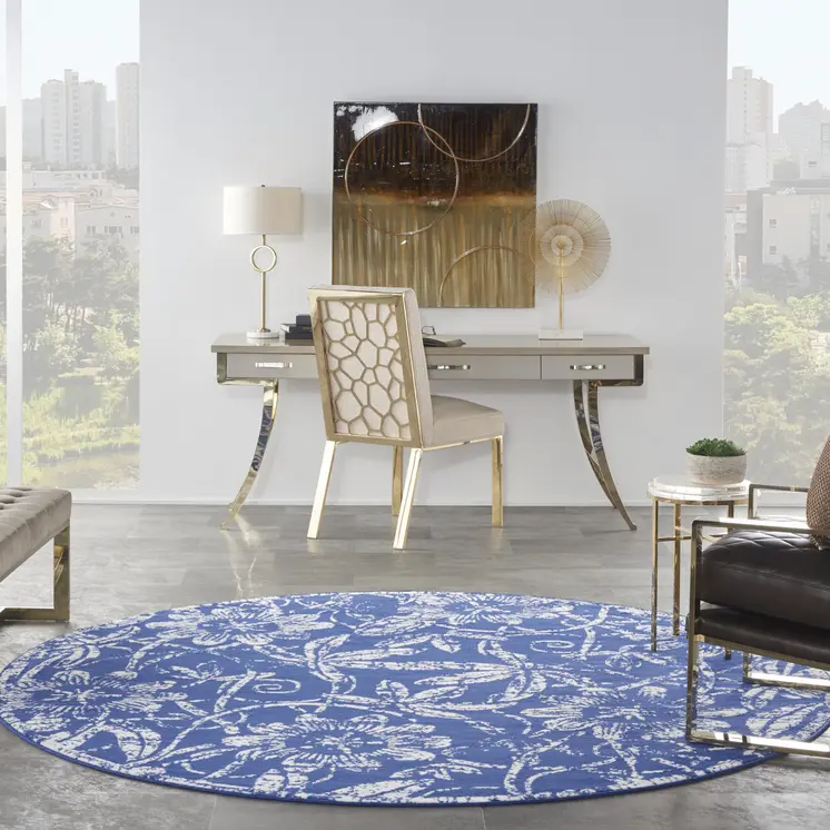8' Ivory and Navy Blue Floral Distressed Round Rug