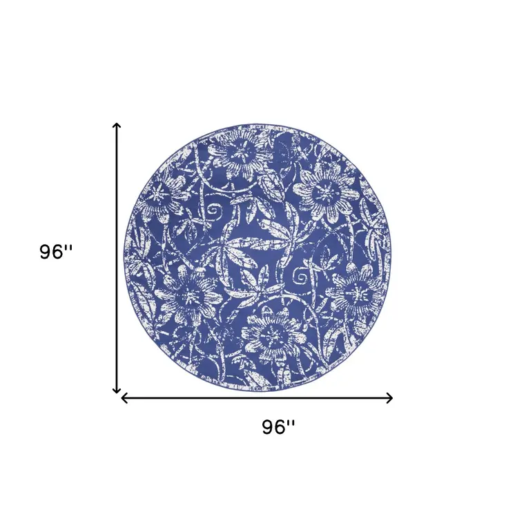 8' Ivory and Navy Blue Floral Distressed Round Rug