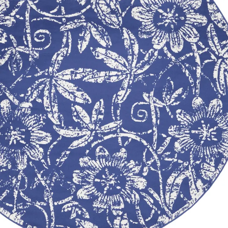 8' Ivory and Navy Blue Floral Distressed Round Rug