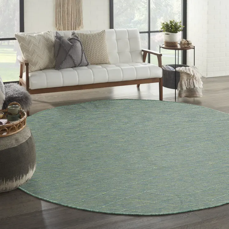 8' Blue And Green Round Geometric Indoor Outdoor Area Rug