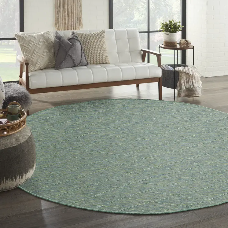 8' Blue And Green Round Geometric Indoor Outdoor Area Rug