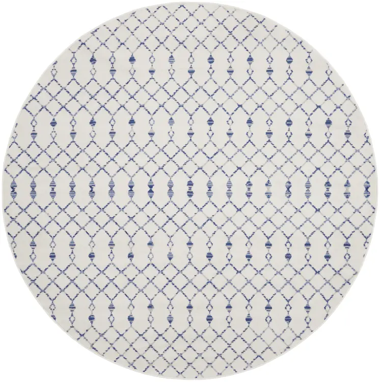 8' Ivory and Blue Geometric Round Rug