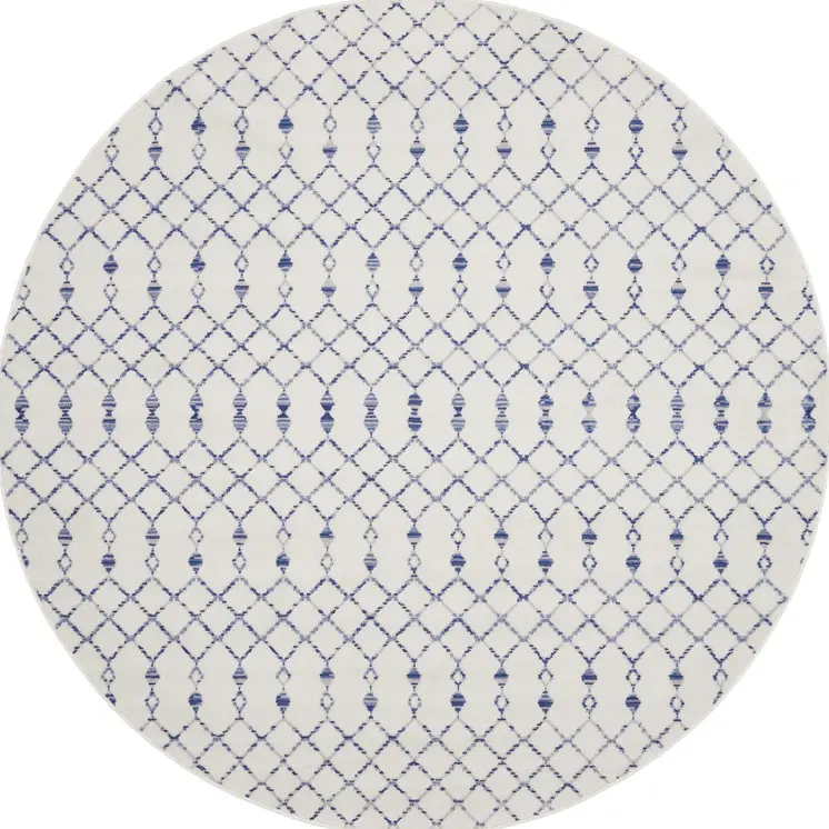 8' Ivory and Blue Geometric Round Rug