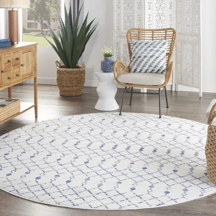 8' Ivory and Blue Geometric Round Rug