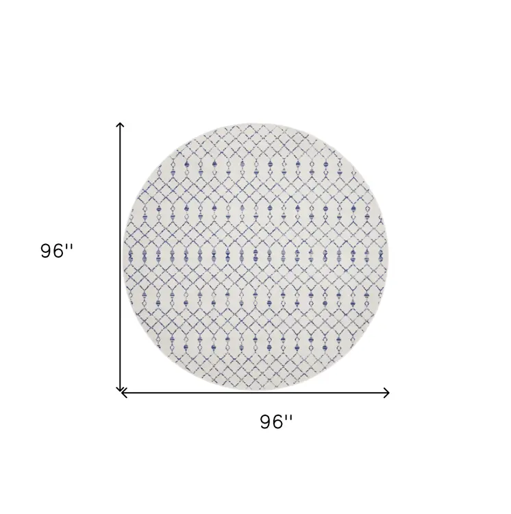 8' Ivory and Blue Geometric Round Rug