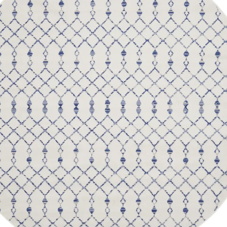 8' Ivory and Blue Geometric Round Rug