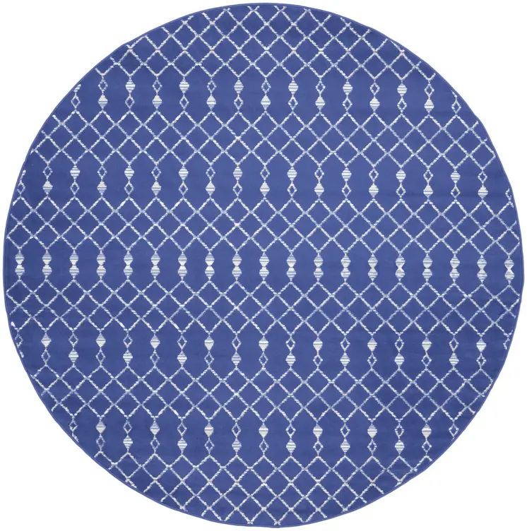 8' Navy Blue and Ivory Geometric Round Rug