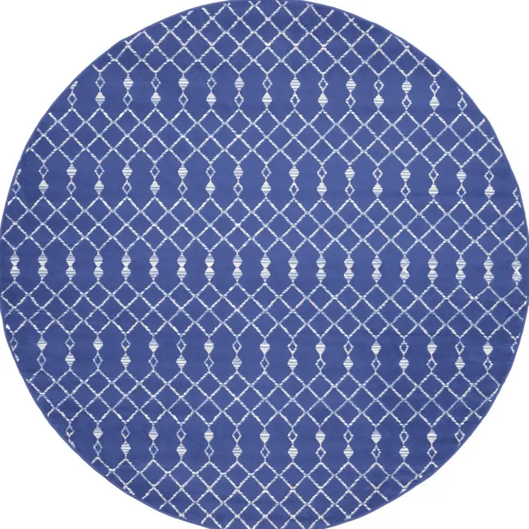 8' Navy Blue and Ivory Geometric Round Rug