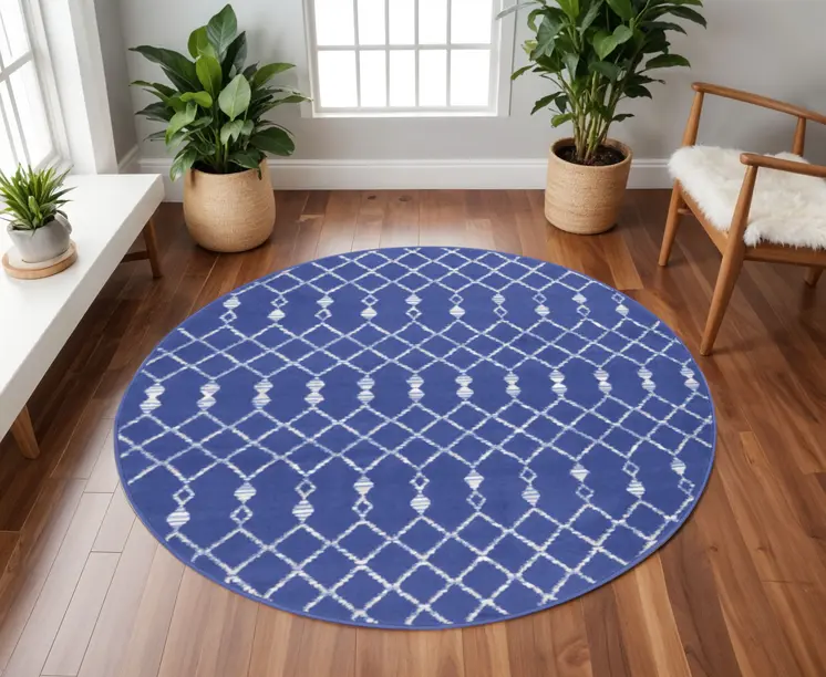 8' Navy Blue and Ivory Geometric Round Rug