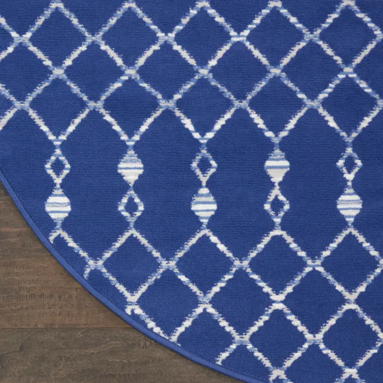 8' Navy Blue and Ivory Geometric Round Rug