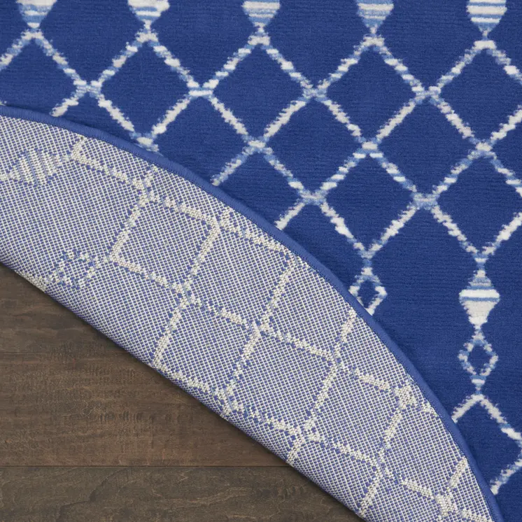 8' Navy Blue and Ivory Geometric Round Rug