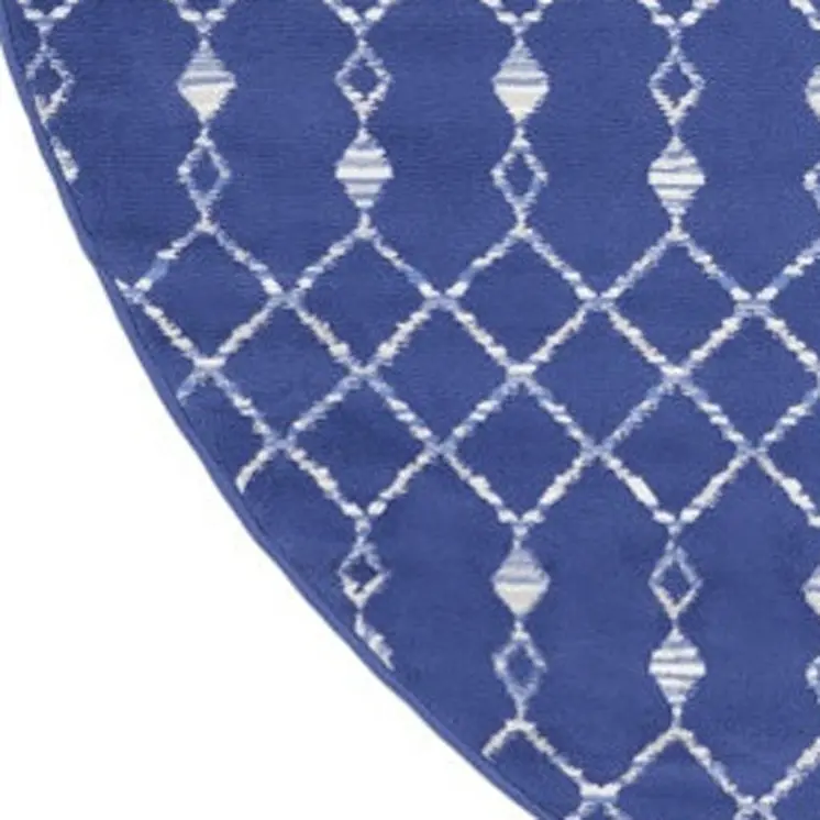 8' Navy Blue and Ivory Geometric Round Rug