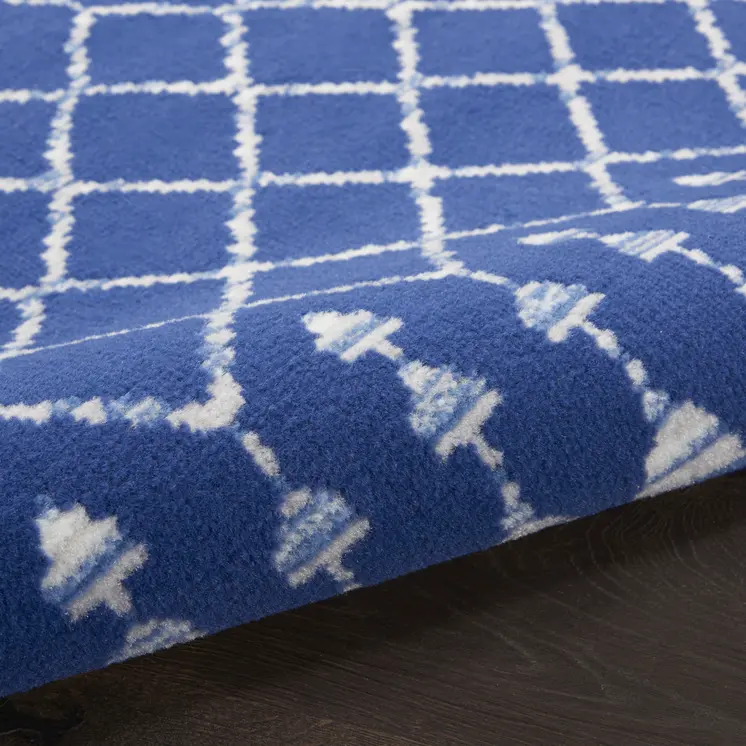 8' Navy Blue and Ivory Geometric Round Rug