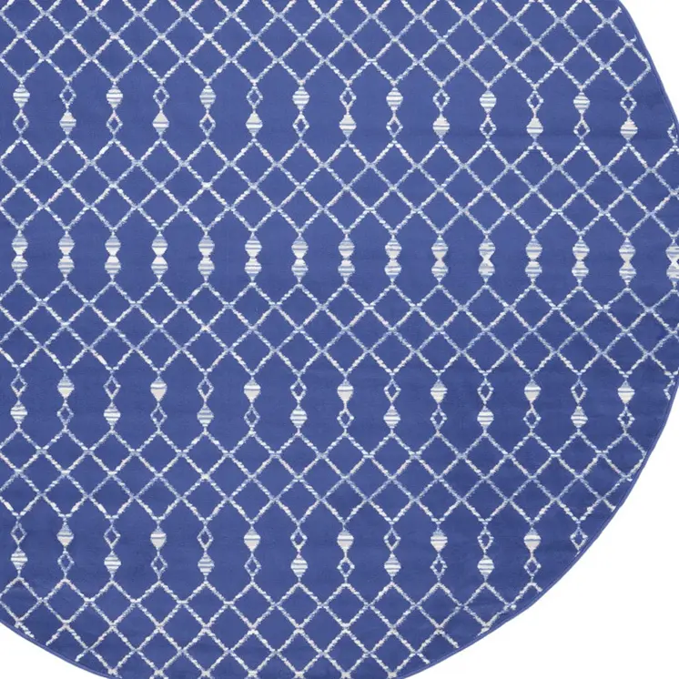 8' Navy Blue and Ivory Geometric Round Rug