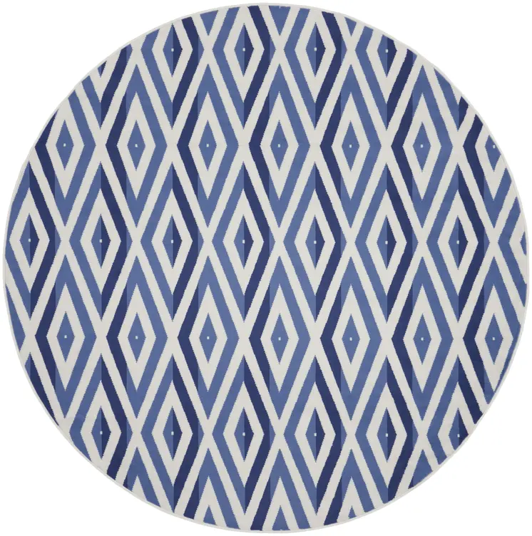 8' Ivory and Blue Geometric Round Rug