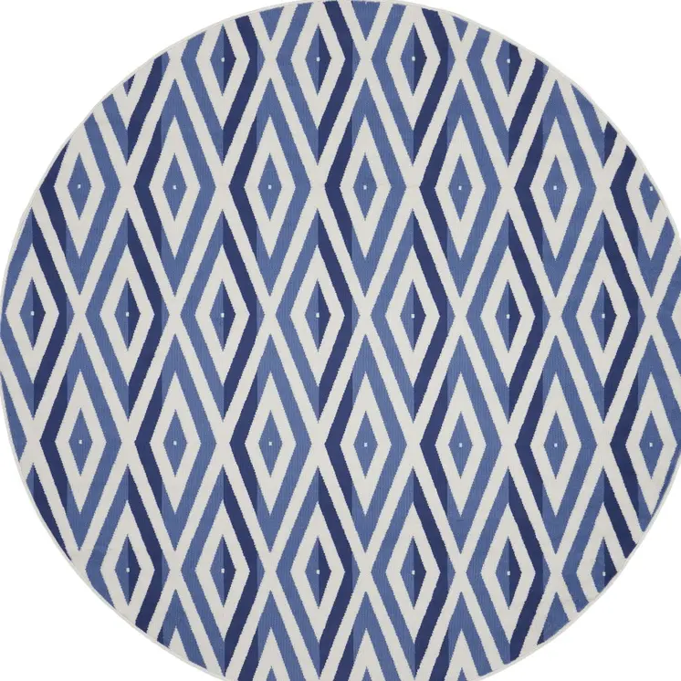 8' Ivory and Blue Geometric Round Rug