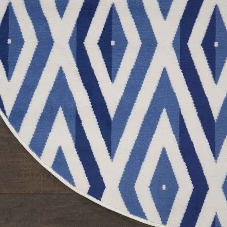 8' Ivory and Blue Geometric Round Rug