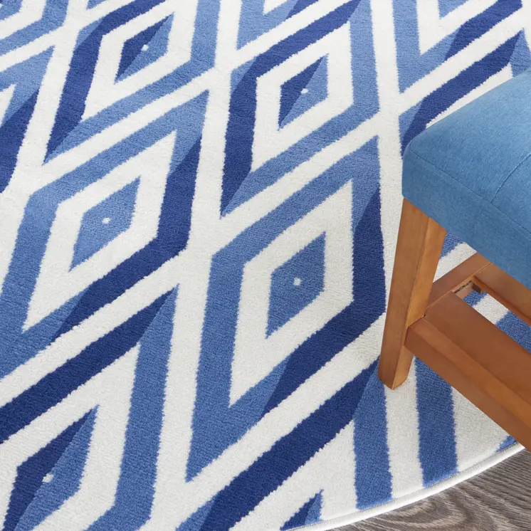 8' Ivory and Blue Geometric Round Rug