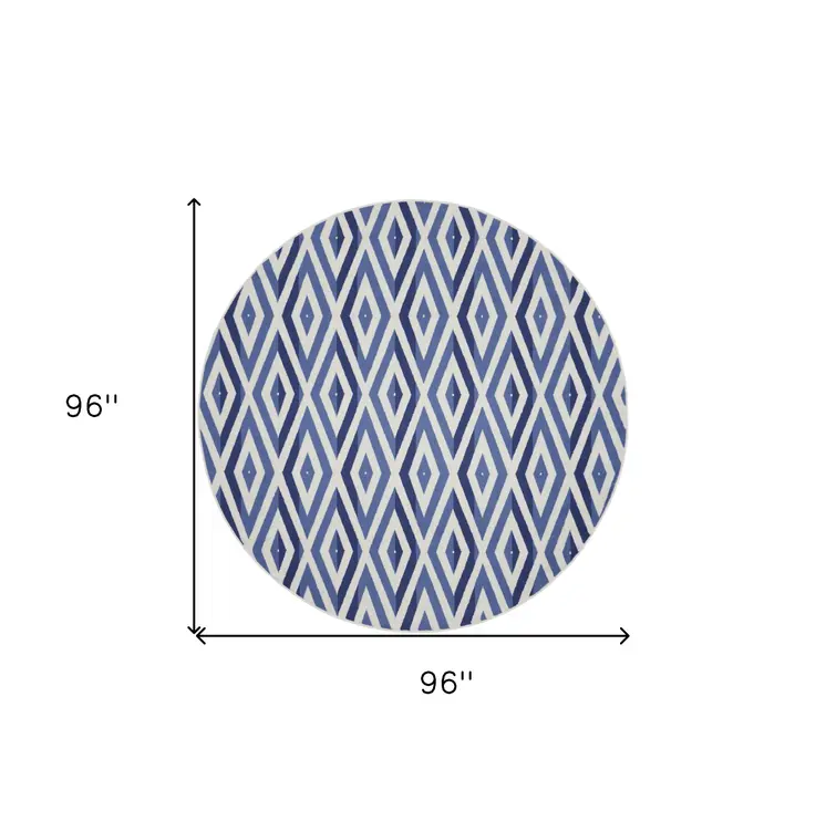 8' Ivory and Blue Geometric Round Rug