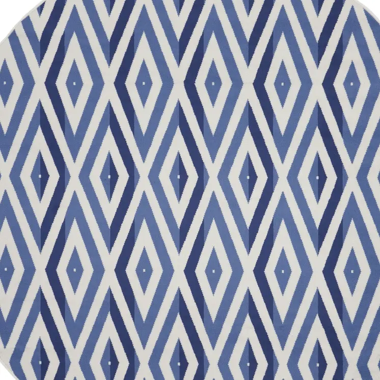 8' Ivory and Blue Geometric Round Rug