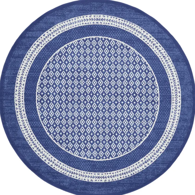8' Ivory and Navy Blue Geometric Distressed Round Rug