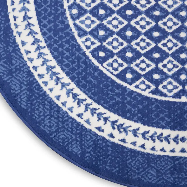 8' Ivory and Navy Blue Geometric Distressed Round Rug