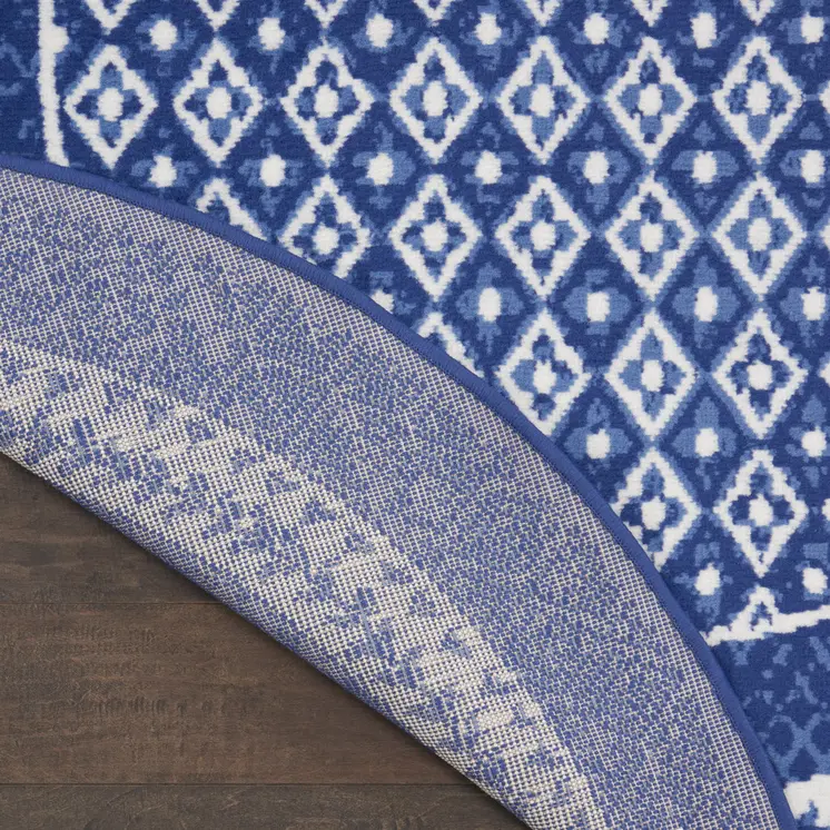 8' Ivory and Navy Blue Geometric Distressed Round Rug