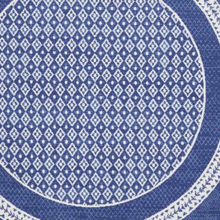 8' Ivory and Navy Blue Geometric Distressed Round Rug