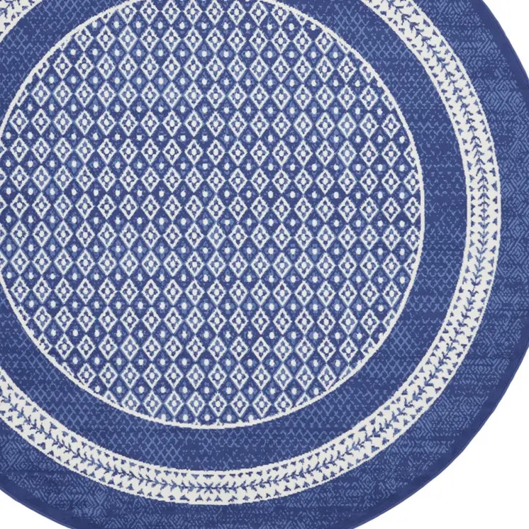 8' Ivory and Navy Blue Geometric Distressed Round Rug