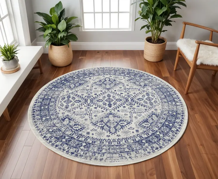 8' Ivory and Navy Blue Geometric Distressed Round Rug