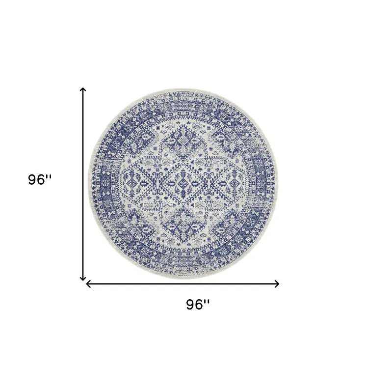 8' Ivory and Navy Blue Geometric Distressed Round Rug