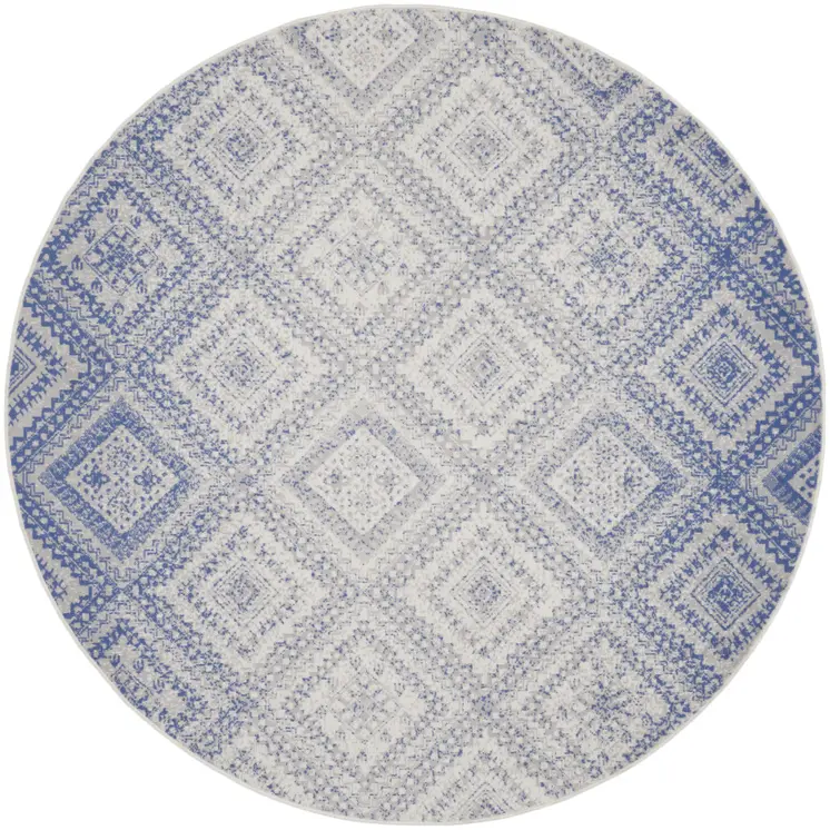8' Ivory and Blue Geometric Distressed Round Rug