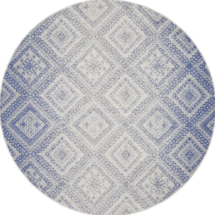 8' Ivory and Blue Geometric Distressed Round Rug