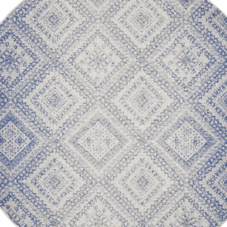8' Ivory and Blue Geometric Distressed Round Rug