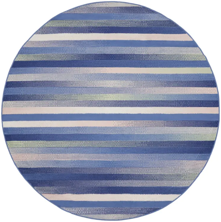 8' Ivory Tan and Blue Striped Round Rug
