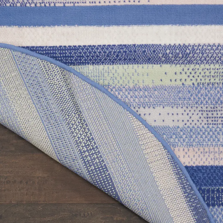 8' Ivory Tan and Blue Striped Round Rug