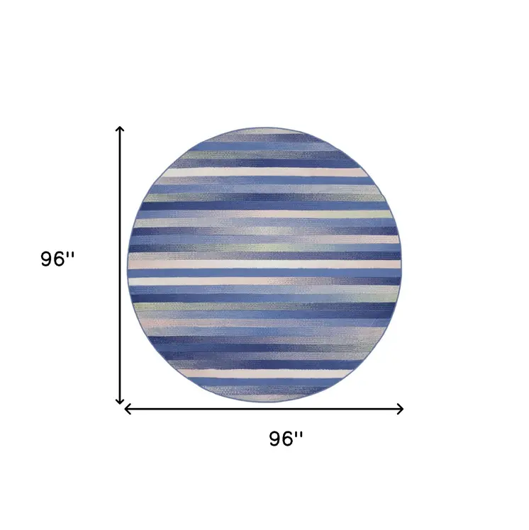 8' Ivory Tan and Blue Striped Round Rug