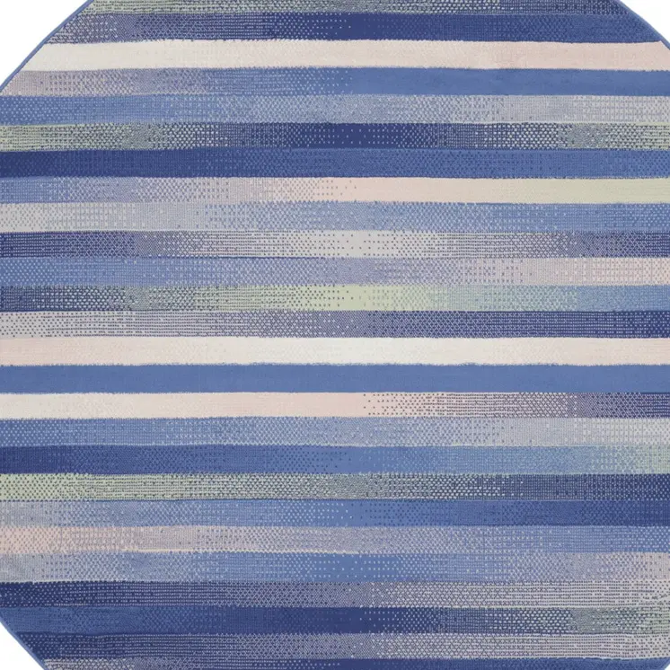 8' Ivory Tan and Blue Striped Round Rug