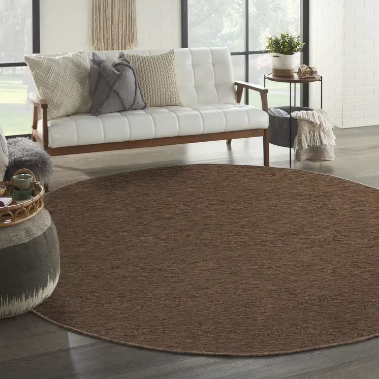 8' Dark Brown And Brown Round Geometric Indoor Outdoor Area Rug
